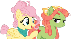 Size: 3527x1968 | Tagged: safe, artist:cirillaq, derpibooru import, fluttershy, tree hugger, earth pony, pegasus, pony, alternate hairstyle, female, flutterhugger, mare, shipping, simple background, transparent background, vector