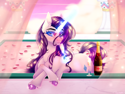 Size: 4236x3180 | Tagged: safe, artist:honeybbear, derpibooru import, rarity, pony, unicorn, alcohol, bathtub, champagne, champagne glass, female, magic, mare, solo, telekinesis, unshorn fetlocks, wine