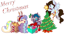 Size: 5708x3000 | Tagged: safe, artist:kb-gamerartist, derpibooru import, oc, oc only, oc:elizabat stormfeather, oc:krissy, oc:mish-mash, alicorn, bat pony, bat pony alicorn, pegasus, alicorn oc, amputee, animal costume, antlers, artificial wings, augmented, bandage, bat pony oc, bat wings, bell, bell collar, box, choker, christmas, christmas lights, christmas sweater, christmas tree, clothes, coat markings, collar, costume, cute, ear piercing, earring, eyes closed, eyeshadow, fake antlers, female, flying, freckles, heart, holiday, holly, holly mistaken for mistletoe, horn, jewelry, makeup, mare, open mouth, piercing, prosthetic limb, prosthetic wing, prosthetics, reindeer antlers, reindeer costume, simple background, snowman, socks, stockings, striped socks, sweater, thigh highs, transparent background, tree, trio, uwu, wings