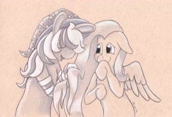 Size: 5034x3433 | Tagged: safe, artist:peruserofpieces, derpibooru import, fluttershy, pegasus, bunny ears, clothes, ears, female, floppy ears, hat, mare, partially open wings, pencil drawing, smiling, socks, toned paper, traditional art, wings