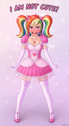 Size: 2200x4000 | Tagged: safe, artist:irisarco, derpibooru import, rainbow dash, human, angry, blushing, blushing profusely, bow, breasts, cleavage, clothes, denial's not just a river in egypt, dress, embarrassed, female, frilly dress, gloves, heart, humanized, i'm not cute, jewelry, lidded eyes, long gloves, looking at you, necklace, open mouth, pigtails, rainbow dash always dresses in style, shoes, simple background, solo, standing, stockings, text, thigh highs, tomboy taming, tsunderainbow, tsundere, twintails, watermark