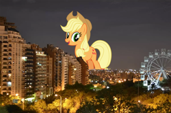 Size: 1200x798 | Tagged: safe, artist:alandssparkle, artist:jojodidu, derpibooru import, applejack, earth pony, pony, córdoba, córdoba city, female, giant earth pony, giant pony, giant/macro earth pony, giantess, highrise ponies, irl, macro, mare, photo, ponies in real life