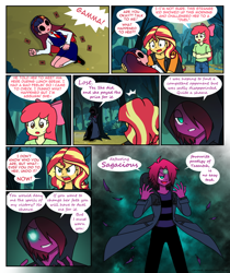 Size: 824x982 | Tagged: safe, artist:crydius, derpibooru import, apple bloom, sunset shimmer, oc, oc:eldritch, oc:gamma, comic:calamitous card game, equestria girls, comic, glowing, glowing eyes, unconscious, yu-gi-oh!, yugioh card