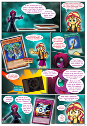 Size: 828x1190 | Tagged: safe, artist:crydius, derpibooru import, sunset shimmer, oc, oc:eldritch, comic:calamitous card game, equestria girls, comic, crossover, yu-gi-oh!, yugioh card