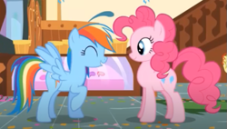 Size: 627x356 | Tagged: safe, derpibooru import, screencap, pinkie pie, rainbow dash, pony, griffon the brush off, season 1, duo