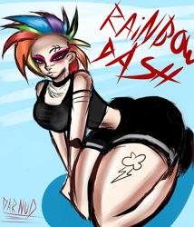 Size: 1280x1493 | Tagged: safe, artist:darknud, derpibooru import, rainbow dash, human, ass, breasts, butt, female, humanized, kneeling, makeup, mohawk, simple background, solo, white background