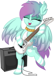 Size: 5409x7658 | Tagged: safe, artist:cyanlightning, derpibooru import, oc, oc only, oc:#c0ffee, pony, .svg available, 2022 community collab, absurd resolution, amplifier, bipedal, cute, cute little fangs, derpibooru community collaboration, electric guitar, eyes closed, fangs, guitar, jewelry, male, musical instrument, necklace, open mouth, simple background, smiling, solo, standing, transparent background, vector