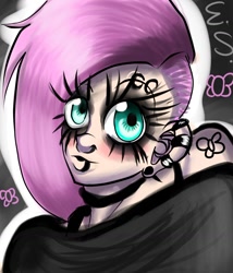 Size: 1280x1493 | Tagged: safe, artist:darknud, derpibooru import, fluttershy, human, alternate hairstyle, bust, ear piercing, earring, eyelashes, female, flutterpunk, humanized, jewelry, lip piercing, makeup, piercing, punk, solo, tattoo