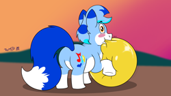 Size: 3840x2160 | Tagged: safe, artist:rupertbluefox, derpibooru exclusive, derpibooru import, oc, oc:rupert the blue fox, fox, fox pony, hybrid, original species, pony, balloon, balloon fetish, blowing up balloons, blushing, butt, chubby, fat, fetish, high res, male, plot, solo, squishy, stallion, that pony sure does love balloons, yellow balloon