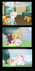 Size: 2976x5936 | Tagged: safe, artist:sugarcubecreationz, derpibooru import, applejack, fluttershy, rainbow dash, oc, oc:clementine, oc:sweetheart, oc:velvet rose, pony, unicorn, comic:slice of life, baby, baby pony, book, bow, female, filly, filly applejack, filly fluttershy, filly rainbow dash, foal, hair bow, mare, younger