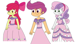 Size: 1024x597 | Tagged: safe, artist:rarity525, derpibooru import, apple bloom, scootaloo, sweetie belle, equestria girls, clothes, cutie mark crusaders, dress, simple background, transparent background