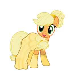 Size: 1378x1378 | Tagged: safe, artist:sunmint234, derpibooru import, applejack, earth pony, beauty and the beast, belle, clothes, disney, disney princess, female, green eyes, hair, looking at you, princess, shoes, simple background, solo, spoilers for another series, style, tail, white background, yellow