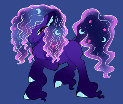 Size: 2600x2200 | Tagged: safe, artist:loryska, derpibooru import, oc, oc only, earth pony, pony, blue background, colored hooves, ear fluff, ears, earth pony oc, ethereal mane, eyeshadow, female, galaxy mane, gradient legs, hair over one eye, high res, hoof fluff, lidded eyes, long feather, looking at you, makeup, offspring, parent:rarity, parent:tantabus, pink eyes, purple coat, purple mane, raised leg, simple background, solo, standing, wavy mane