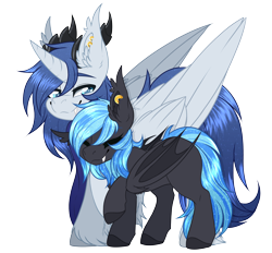 Size: 3360x3124 | Tagged: safe, artist:red_moonwolf, derpibooru import, oc, oc:prince nova, alicorn, bat pony, 2022 community collab, alicorn oc, clothes, cuddling, derpibooru community collaboration, high res, horn, horns, looking back, piercing, scarf, simple background, size difference, transparent background, wings