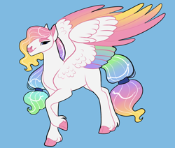 Size: 2600x2200 | Tagged: safe, artist:loryska, derpibooru import, oc, pegasus, pony, blue background, high res, magical lesbian spawn, male, offspring, parent:rainbow dash, parent:rarity, parents:raridash, simple background, solo, stallion