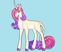 Size: 2600x2200 | Tagged: safe, artist:loryska, derpibooru import, oc, oc only, pony, unicorn, blue background, curved horn, female, high res, horn, leonine tail, magical lesbian spawn, mare, offspring, parent:fluttershy, parent:rarity, parents:flarity, simple background, solo, tail, unicorn oc