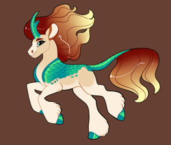 Size: 2600x2200 | Tagged: safe, artist:loryska, derpibooru import, oc, hybrid, brown background, high res, interspecies offspring, magical lesbian spawn, male, offspring, parent:applejack, parent:autumn blaze, parents:autumnjack, simple background, solo