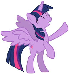 Size: 7000x7500 | Tagged: safe, artist:tardifice, derpibooru import, twilight sparkle, twilight sparkle (alicorn), alicorn, pony, gauntlet of fire, ^^, absurd resolution, bipedal, excited, eyes closed, female, full body, grin, horn, mare, multicolored mane, multicolored tail, simple background, smiling, solo, spread wings, tail, transparent background, vector, wings