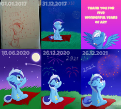 Size: 1024x921 | Tagged: safe, artist:exobass, derpibooru import, minuette, oc, oc:exobass, pegasus, pony, unicorn, 2022, female, fireworks, improvement, male, mare, new years eve, night, redraw, stallion