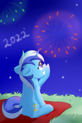 Size: 1024x1536 | Tagged: safe, artist:exobass, derpibooru import, minuette, pony, unicorn, 2022, background pony, chest fluff, dock, ears, eyelashes, female, fireworks, floppy ears, grass, grin, happy new year, holiday, horn, mare, night, outdoors, pointing, sitting, sky, smiling, solo, stars, tail