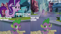 Size: 1280x720 | Tagged: safe, derpibooru import, edit, edited screencap, editor:quoterific, screencap, spike, starlight glimmer, dragon, pony, unicorn, season 6, the crystalling, female, male, mare, open mouth, open smile, smiling, walking