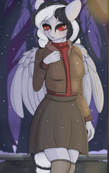 Size: 1140x1800 | Tagged: safe, artist:munrei, derpibooru import, oc, oc only, oc:oni, anthro, pegasus, anthro oc, clothes, commission, eyebrows, eyebrows visible through hair, female, jacket, night, park, pegasus oc, red eyes, skirt, snow, solo, stockings, sweater, thigh highs, tree, wings