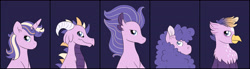 Size: 4025x1111 | Tagged: safe, artist:queenderpyturtle, derpibooru import, oc, oc:jewelia, dragon, griffon, pony, seapony (g4), sheep, unicorn, parent:rarity, parent:steven magnet, solo, species swap