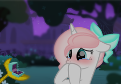 Size: 872x604 | Tagged: safe, artist:sugarcubecreationz, derpibooru import, discord, oc, oc:sweetheart, draconequus, pony, unicorn, base used, blushing, bow, canon x oc, crying, duo, female, hair bow, horn, jewelry, male, mare, marriage proposal, offscreen character, offscreen male, ring, straight, tears of joy, unicorn oc, wedding ring