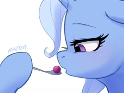 Size: 1739x1304 | Tagged: safe, artist:maren, derpibooru import, trixie, pony, unicorn, doodle, female, food, hoof hold, looking at something, mare, simple background, solo, spoon, white background