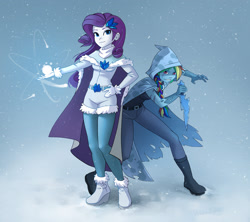 Size: 1800x1600 | Tagged: safe, artist:vyazinrei, derpibooru import, rainbow dash, rarity, equestria girls, alternate hairstyle, cape, cloak, clothes, dagger, duo, magic, rainbow rogue, shorts, snow, story in the source, the snow maiden, weapon, winter