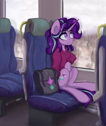 Size: 2540x3000 | Tagged: safe, artist:stravyvox, derpibooru import, starlight glimmer, pony, unicorn, bag, clothes, complex background, female, hoodie, mare, sitting, solo, train