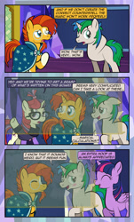 Size: 1920x3169 | Tagged: safe, artist:alexdti, derpibooru import, moondancer, sunburst, twilight sparkle, twilight sparkle (alicorn), oc, oc:marco, alicorn, pony, unicorn, comic:quest for friendship, cloak, clothes, comic, glasses, horn, sunburst's cloak, sunburst's glasses, twilight's castle, unicorn oc