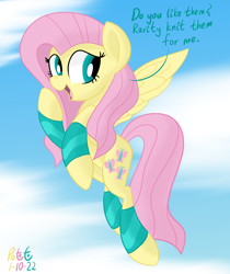 Size: 1332x1589 | Tagged: safe, artist:notadeliciouspotato, derpibooru import, fluttershy, pegasus, pony, arm warmers, clothes, cloud, dialogue, female, flying, leg warmers, mare, open mouth, signature, smiling, solo, spread wings, talking to viewer, wings