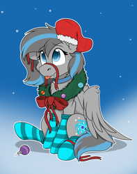 Size: 1744x2208 | Tagged: safe, artist:rokosmith26, derpibooru import, oc, oc only, oc:mareana sweetie, bat pony, hybrid, pegasus, pony, bow, cheek fluff, chest fluff, christmas, christmas stocking, christmas wreath, clothes, commission, ears, eye clipping through hair, eyebrows, eyebrows visible through hair, fangs, female, floppy ears, gradient background, holiday, hybrid oc, jewelry, looking up, mare, necklace, one ear down, pegasus wings, raised hoof, raised leg, ribbon, sitting, smiling, socks, solo, striped socks, sweat, sweatdrop, tail, tongue, tongue out, wings, wreath, ych result, yin-yang