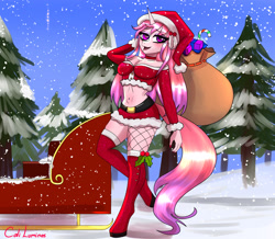 Size: 2672x2326 | Tagged: safe, artist:caliluminos, oc, oc only, oc:aine, anthro, unguligrade anthro, unicorn, anthro oc, avatar, belly button, christmas, christmas presents, clothes, costume, female, hasbro, high res, holiday, hooves, horn, legwear, looking at you, mare, midriff, miniskirt, open mouth, open smile, plant, sack, santa sack, sexy santa costume, side view, sled, smiling, smiling at you, snow, solo, solo female, stockings, tail, tree