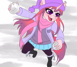 Size: 3756x3286 | Tagged: safe, artist:caliluminos, oc, oc only, oc:aine, anthro, unicorn, anthro oc, artwork, beanie, boots, brony, child, clothes, female, filly, foal, hat, high res, open mouth, open smile, scarf, shoes, skirt, smiling, snow, snowball, solo, young