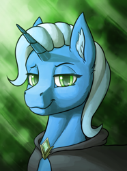 Size: 1248x1680 | Tagged: safe, artist:stardustspix, trixie, pony, unicorn, equestria at war mod, abstract background, bust, cloak, ear fluff, ears, gem, glowing eyes, green eyes, horn, lidded eyes, looking at you, portrait, smug, solo