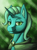 Size: 1248x1680 | Tagged: safe, artist:stardustspix, trixie, pony, unicorn, equestria at war mod, abstract background, bust, cloak, ear fluff, ears, gem, glowing eyes, green eyes, horn, lidded eyes, looking at you, portrait, smug, solo