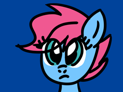 Size: 1024x768 | Tagged: safe, artist:danielthebrony57, derpibooru import, baby cuddles, earth pony, pony, g1, g4, baby, baby pony, blue background, bust, cuddlebetes, cute, eye clipping through hair, female, filly, foal, frown, g1 to g4, generation leap, head, portrait, simple background, solo, that was fast, thinking
