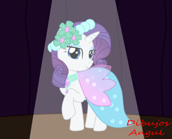 Size: 1280x1040 | Tagged: safe, artist:1mber_angul, derpibooru import, rarity, pony, unicorn, act, beautiful, clothes, curtains, dress, fashion, modeling, show