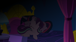 Size: 1920x1080 | Tagged: safe, artist:cloppy hooves, starlight glimmer, twilight sparkle, twilight sparkle (alicorn), alicorn, pony, bed, cuddling, cute, female, lesbian, shipping, sleeping, smiling, twistarlight