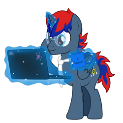 Size: 1600x1600 | Tagged: safe, artist:1mber_angul, derpibooru import, oc, oc only, oc:craft motion, alicorn, pony, bowl, check, computer, laptop computer, magic, necktie, png, pose, programming, render, simple background, solo, support, transparent background