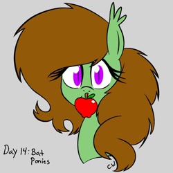 Size: 1000x1000 | Tagged: safe, artist:chelseawest, derpibooru import, oc, oc:painted petal, bat pony, apple, bat ponified, food, ponytober, race swap