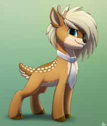 Size: 1700x2000 | Tagged: safe, artist:luminousdazzle, derpibooru import, oc, oc only, oc:deeraw, deer, antlers, chest fluff, cloven hooves, coat markings, deer oc, gradient background, looking at you, male, necktie, simple background, smiling, smiling at you, stag