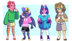 Size: 3000x1700 | Tagged: safe, artist:theartfox2468, derpibooru import, oc, oc only, oc:estella sparkle, oc:lightning bolt spectrum, oc:rocky road, oc:valentine, alicorn, anthro, earth pony, pegasus, unguligrade anthro, braces, candy, clothes, colored hooves, crystal horn, dress, female, food, freckles, glasses, horn, lollipop, male, offspring, parent:big macintosh, parent:cheese sandwich, parent:flash sentry, parent:fluttershy, parent:pinkie pie, parent:rainbow dash, parent:soarin', parent:twilight sparkle, parents:cheesepie, parents:flashlight, parents:fluttermac, parents:soarindash, shorts, sweater, unshorn fetlocks