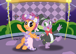 Size: 3508x2481 | Tagged: safe, artist:memprices, derpibooru import, scootaloo, spike, dragon, pegasus, pony, a canterlot wedding, bipedal, clothes, dancing, dress, female, filly, flower filly, flower girl, flower girl dress, foal, hat, high res, male, request, requested art, scootaspike, shipping, straight, suit, top hat, tuxedo, vector