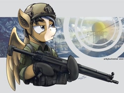 Size: 2000x1493 | Tagged: safe, artist:buckweiser, derpibooru import, oc, oc:gear (gearslavehorse), commission, g3a4, gun, male, rifle, solo, weapon, ych result, your character here