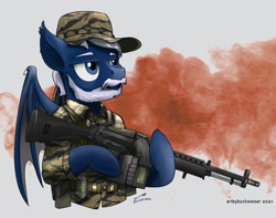 Size: 1920x1512 | Tagged: safe, artist:buckweiser, derpibooru import, oc, oc:moon chaser, bat pony, bat pony oc, commission, gun, machine gun, male, solo, stoner 63, weapon, ych result, your character here