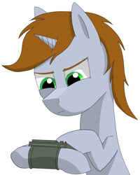 Size: 1148x1438 | Tagged: safe, artist:mrtank667, derpibooru import, oc, oc:littlepip, pony, unicorn, fallout equestria, angry, pipbuck, simple background, solo, white background