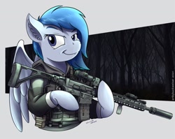 Size: 1920x1527 | Tagged: safe, artist:buckweiser, derpibooru import, oc, oc:nim, brn-180, clothes, commission, delta green, female, gun, hoodie, lovecraft, miskatonic university, rifle, solo, weapon, ych result, your character here